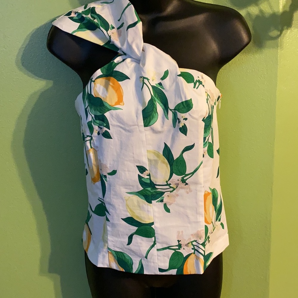 Ann Taylor White One-Shoulder Fruit Print Top